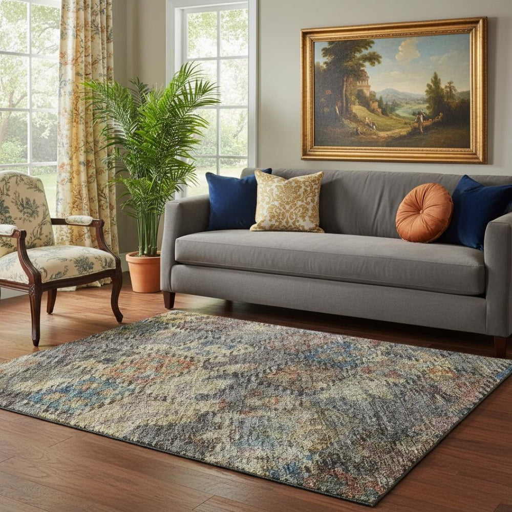 HomeRoots 5' X 8' Gray Gold Coral Abstract Geometric Area Rug - Washable, Stain Resistant, UV Protected Design 684542