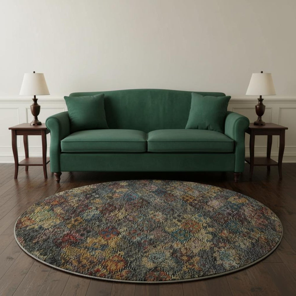 HomeRoots 8' Gray Gold Coral Geometric Round Rug – Washable, Stain-Resistant, UV Protected for Busy Homes 684543