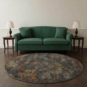HomeRoots 8' Gray Gold Coral Geometric Round Rug – Washable, Stain-Resistant, UV Protected for Busy Homes 684543