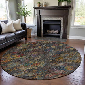 HomeRoots 8' Gray Gold Coral Geometric Round Rug – Washable, Stain-Resistant, UV Protected for Busy Homes 684543