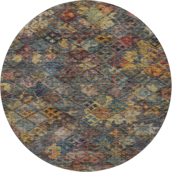 HomeRoots 8' Gray Gold Coral Geometric Round Rug – Washable, Stain-Resistant, UV Protected for Busy Homes 684543