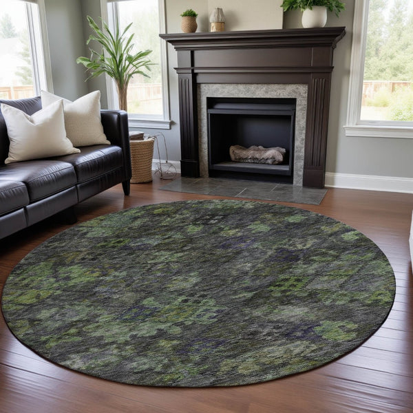 HomeRoots 8' Modern Abstract Geometric Round Rug in Green, Gray & Purple - Washable, UV-Protected & Durable 684549