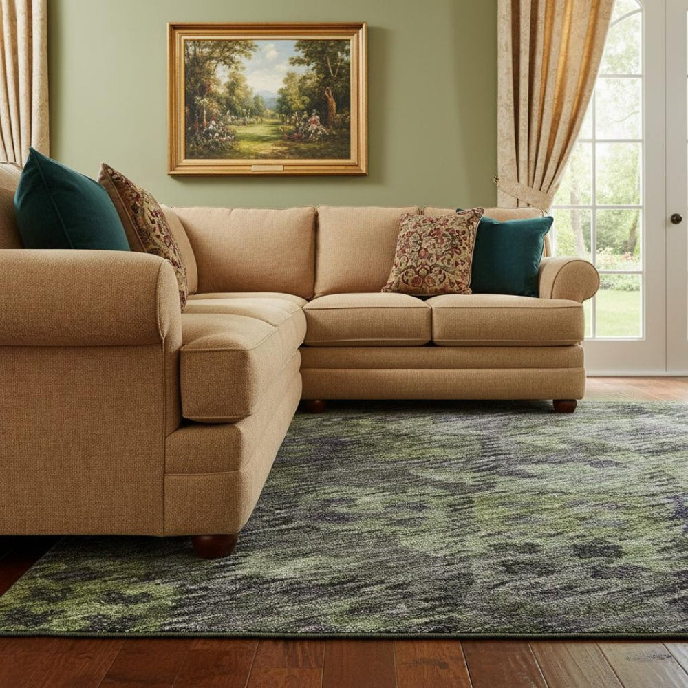 HomeRoots 10' Abstract Geometric Area Rug in Green, Gray & Purple - Washable, UV Protected & Stain Resistant! 684552
