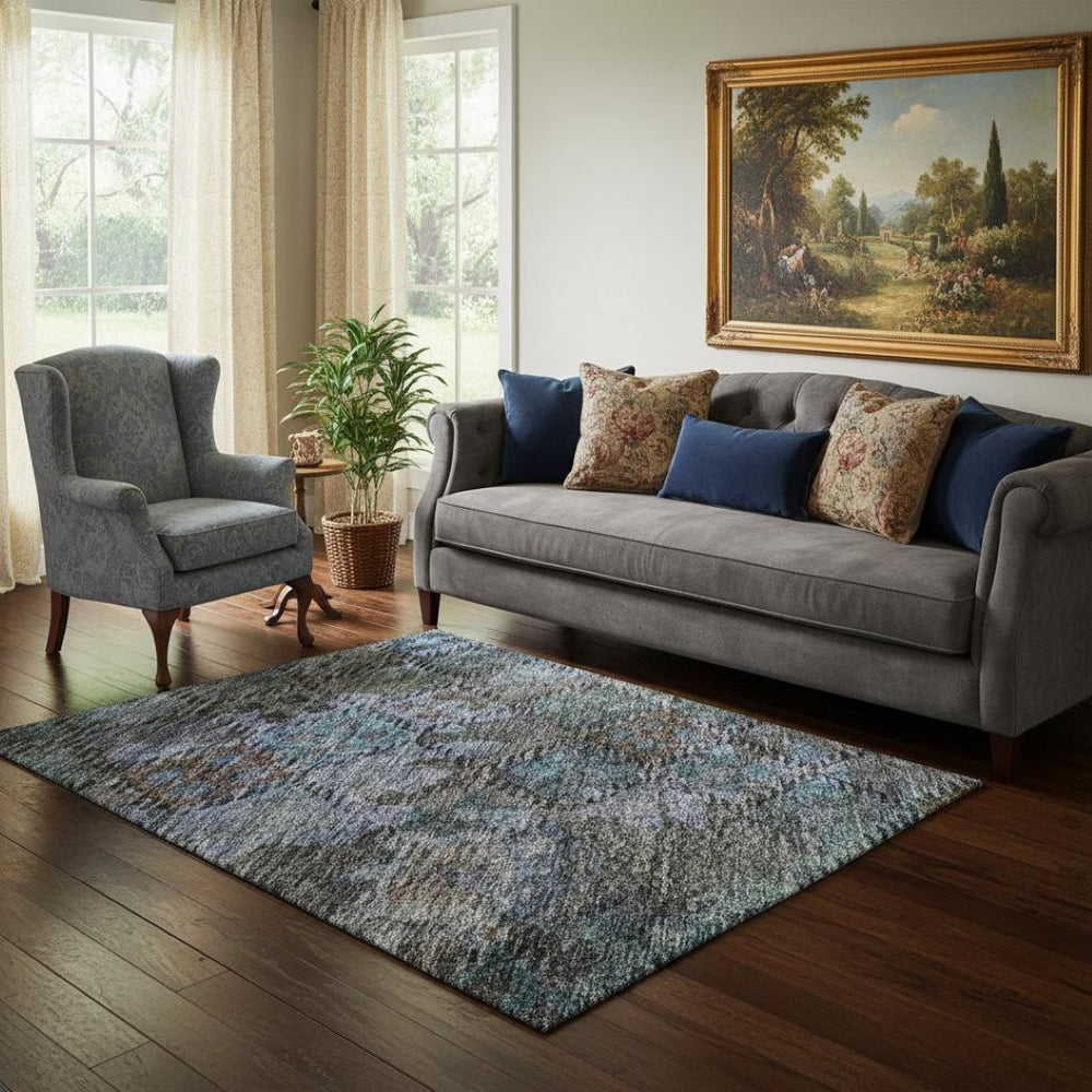 HomeRoots 5' X 8' Teal & Charcoal Abstract Area Rug - Washable, Stain-Resistant, UV Protected for Everyday Use 684554