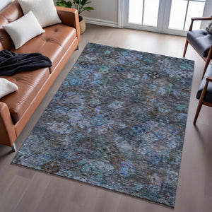 HomeRoots 5' X 8' Teal & Charcoal Abstract Area Rug - Washable, Stain-Resistant, UV Protected for Everyday Use 684554