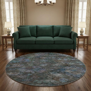 HomeRoots 8' Teal And Charcoal Abstract Geometric Round Rug – Washable, UV Protected, Perfect For High-Traffic Areas 684555