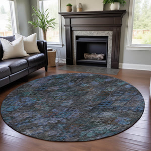HomeRoots 8' Teal And Charcoal Abstract Geometric Round Rug – Washable, UV Protected, Perfect For High-Traffic Areas 684555