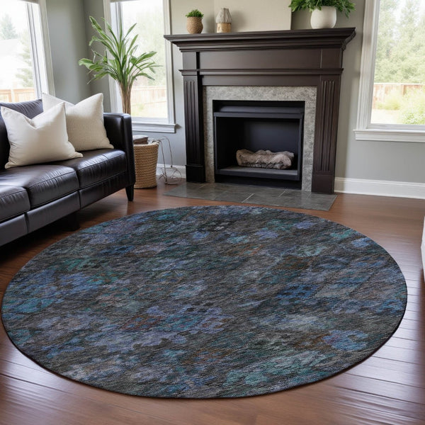 HomeRoots 8' Teal And Charcoal Abstract Geometric Round Rug – Washable, UV Protected, Perfect For High-Traffic Areas 684555