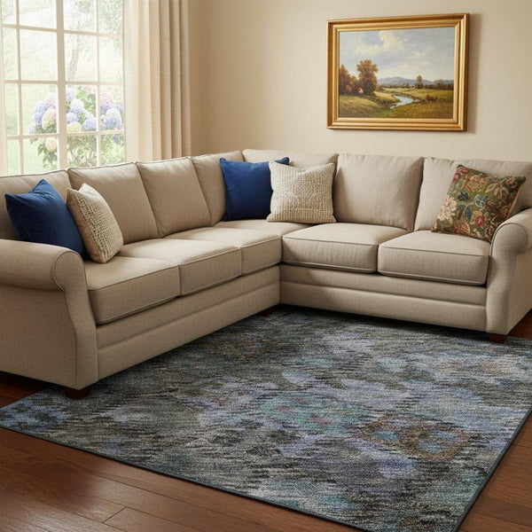 HomeRoots 8' X 10' Teal & Charcoal Geometric Area Rug - Washable, UV Protected, Perfect for High-Traffic Homes! 684556