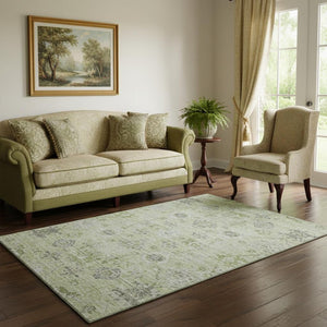 HomeRoots 5' X 8' Elegant Artichoke Green Damask Area Rug – Washable, UV-Protected, Stain-Resistant Design 684566