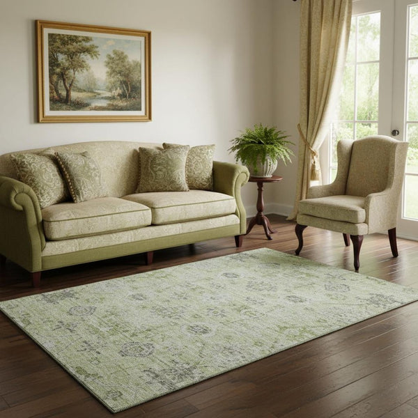 HomeRoots 5' X 8' Elegant Artichoke Green Damask Area Rug – Washable, UV-Protected, Stain-Resistant Design 684566