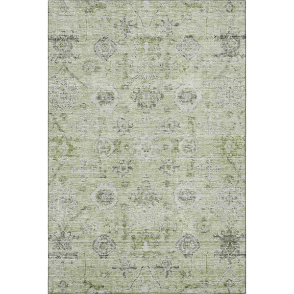 HomeRoots 5' X 8' Elegant Artichoke Green Damask Area Rug – Washable, UV-Protected, Stain-Resistant Design 684566