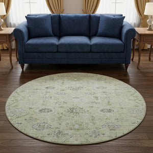 HomeRoots 8' Artichoke Green Gray Silver Damask Round Rug - Washable, UV Protected, Perfect for Any Space! 684567