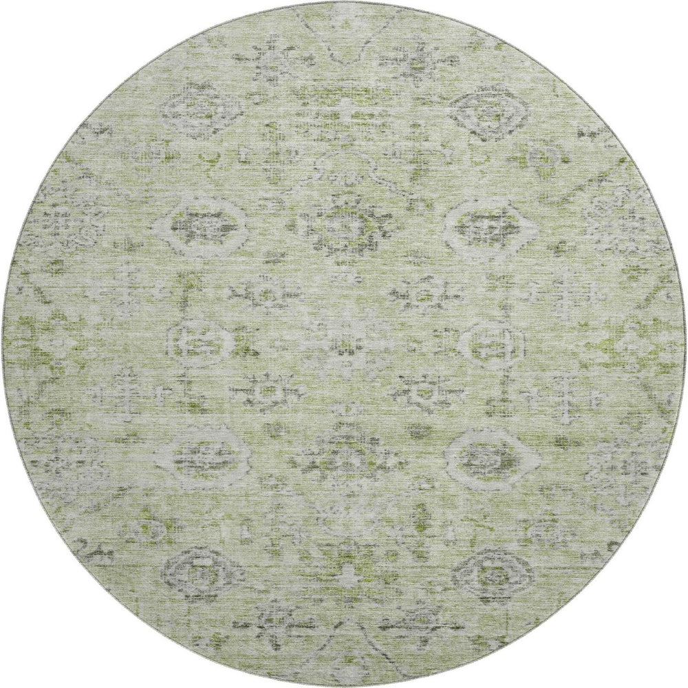 HomeRoots 8' Artichoke Green Gray Silver Damask Round Rug - Washable, UV Protected, Perfect for Any Space! 684567