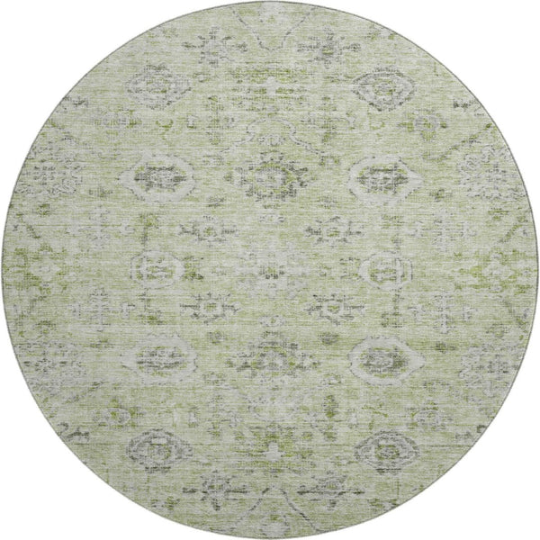 HomeRoots 8' Artichoke Green Gray Silver Damask Round Rug - Washable, UV Protected, Perfect for Any Space! 684567