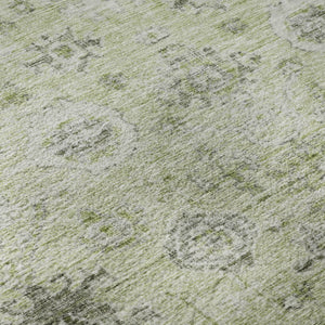 HomeRoots 8' Artichoke Green Gray Silver Damask Round Rug - Washable, UV Protected, Perfect for Any Space! 684567