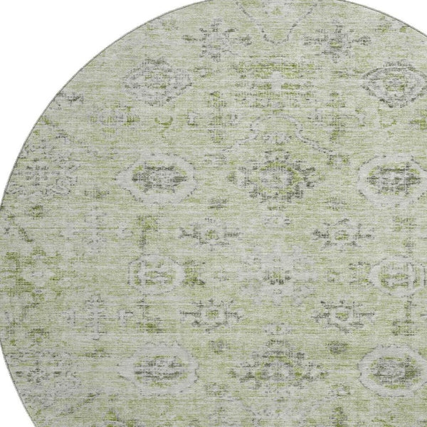 HomeRoots 8' Artichoke Green Gray Silver Damask Round Rug - Washable, UV Protected, Perfect for Any Space! 684567