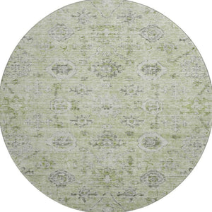 HomeRoots 8' Artichoke Green Gray Silver Damask Round Rug - Washable, UV Protected, Perfect for Any Space! 684567