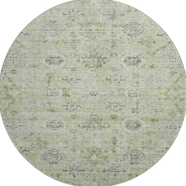 HomeRoots 8' Artichoke Green Gray Silver Damask Round Rug - Washable, UV Protected, Perfect for Any Space! 684567