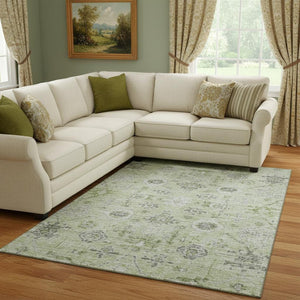 HomeRoots 8' X 10' Elegant Damask Area Rug in Artichoke Green, Gray & Silver - Washable, Stain & UV Protected 684568