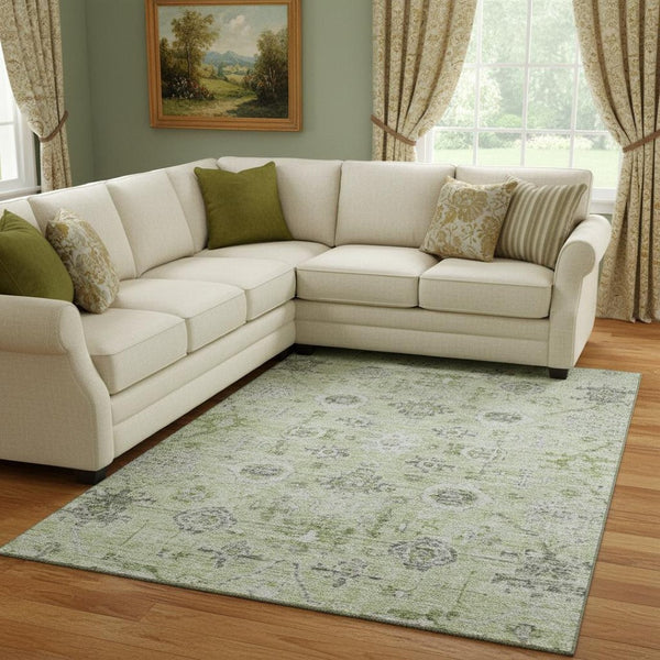 HomeRoots 8' X 10' Elegant Damask Area Rug in Artichoke Green, Gray & Silver - Washable, Stain & UV Protected 684568