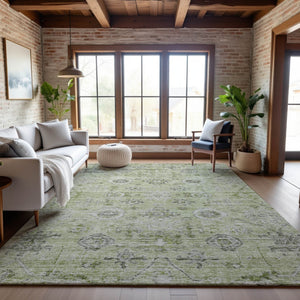 HomeRoots 8' X 10' Elegant Damask Area Rug in Artichoke Green, Gray & Silver - Washable, Stain & UV Protected 684568