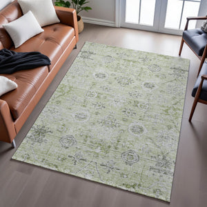 HomeRoots 8' X 10' Elegant Damask Area Rug in Artichoke Green, Gray & Silver - Washable, Stain & UV Protected 684568