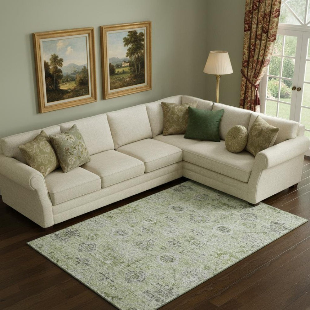 HomeRoots 9' X 12' Artichoke Green Damask Area Rug with UV Protection – Durable, Stain-Resistant, Elegant Design 684569