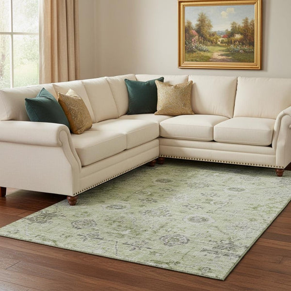 HomeRoots 10' X 14' Elegant Artichoke Green Gray Silver Damask Area Rug - Washable, UV Protected & Durable 684570