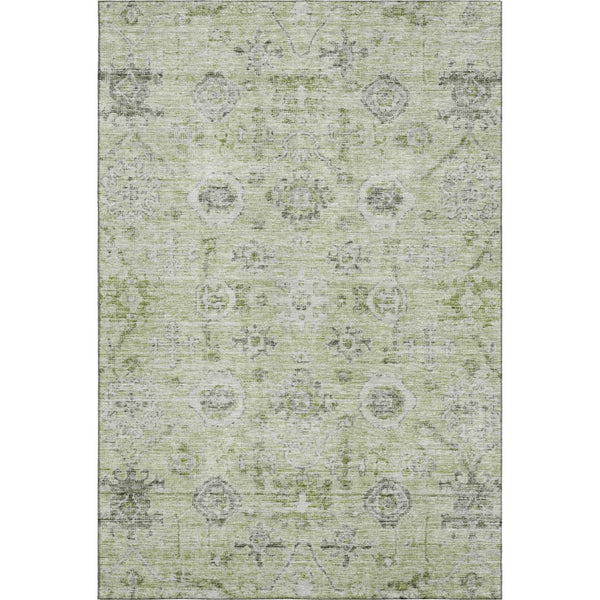 HomeRoots 10' X 14' Elegant Artichoke Green Gray Silver Damask Area Rug - Washable, UV Protected & Durable 684570