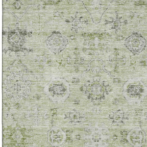 HomeRoots 10' X 14' Elegant Artichoke Green Gray Silver Damask Area Rug - Washable, UV Protected & Durable 684570
