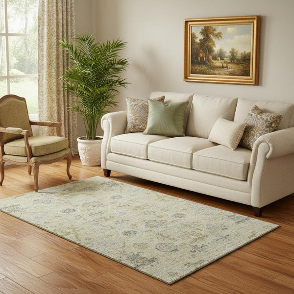 HomeRoots 5' X 8' Elegant Washable Damask Area Rug in Beige, Gray & Brown with UV Protection for Homes 684572