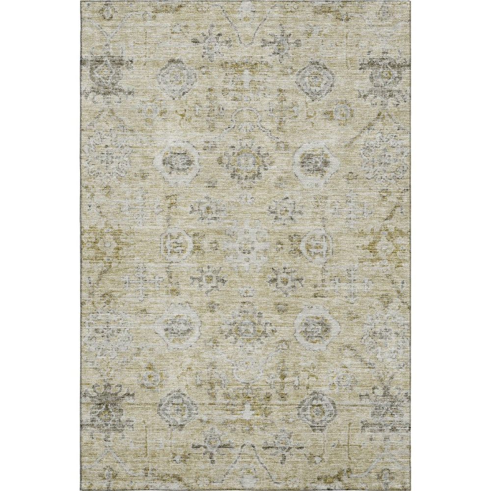 HomeRoots 5' X 8' Elegant Washable Damask Area Rug in Beige, Gray & Brown with UV Protection for Homes 684572