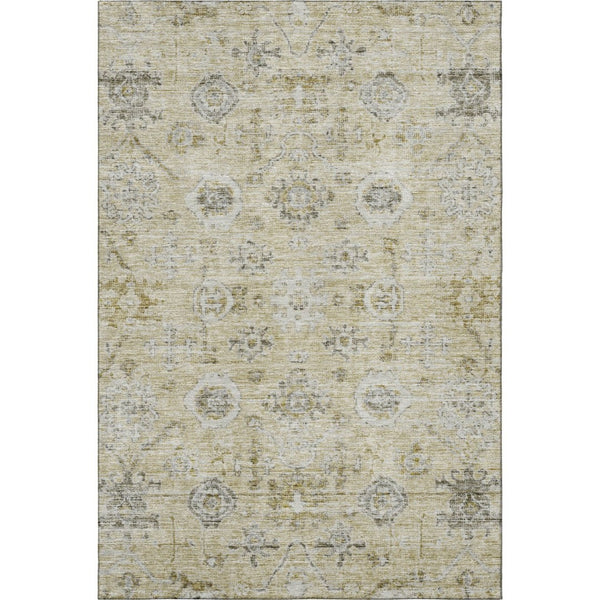 HomeRoots 5' X 8' Elegant Washable Damask Area Rug in Beige, Gray & Brown with UV Protection for Homes 684572