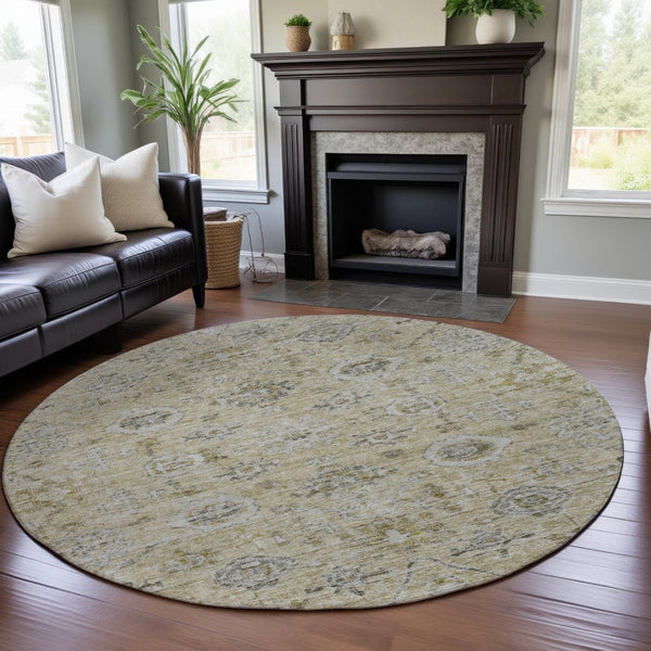 HomeRoots 8' Washable Round Damask Rug in Beige, Gray & Brown - UV Protected, Durable & Elegant Design for Homes 684573