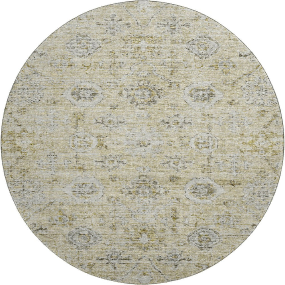 HomeRoots 8' Washable Round Damask Rug in Beige, Gray & Brown - UV Protected, Durable & Elegant Design for Homes 684573