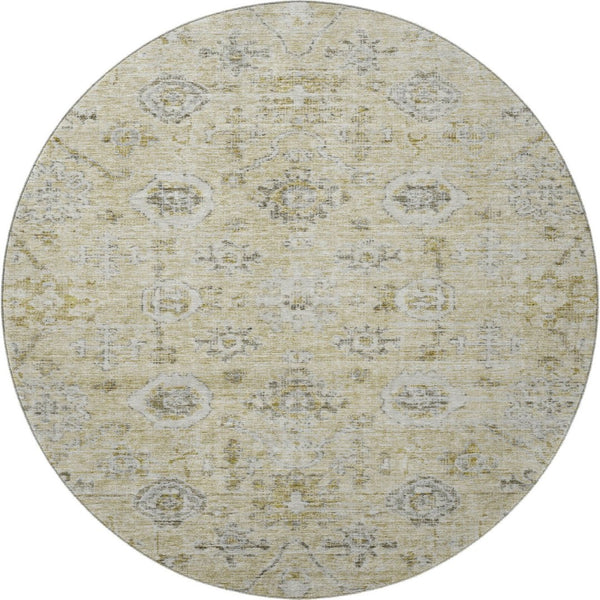 HomeRoots 8' Washable Round Damask Rug in Beige, Gray & Brown - UV Protected, Durable & Elegant Design for Homes 684573