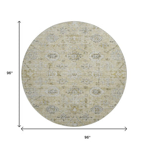 HomeRoots 8' Washable Round Damask Rug in Beige, Gray & Brown - UV Protected, Durable & Elegant Design for Homes 684573