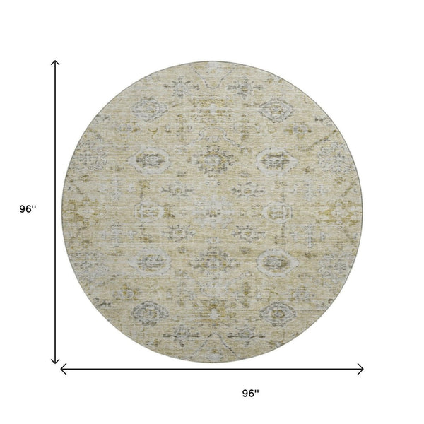HomeRoots 8' Washable Round Damask Rug in Beige, Gray & Brown - UV Protected, Durable & Elegant Design for Homes 684573