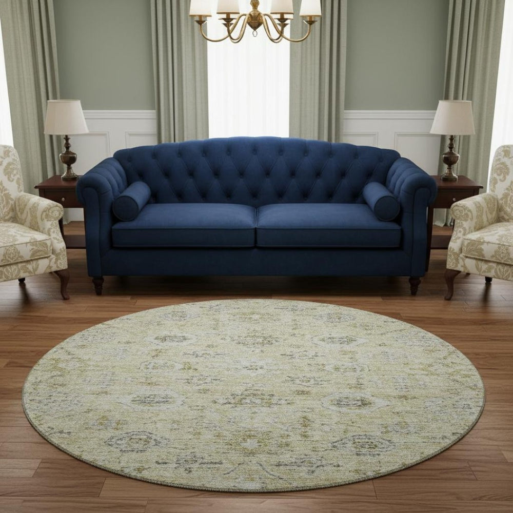 HomeRoots 8' Washable Round Damask Rug in Beige, Gray & Brown - UV Protected, Durable & Elegant Design for Homes 684573