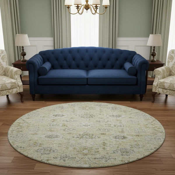 HomeRoots 8' Washable Round Damask Rug in Beige, Gray & Brown - UV Protected, Durable & Elegant Design for Homes 684573
