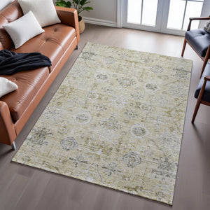 HomeRoots 8' x 10' Damask Area Rug in Beige, Gray & Brown – Washable, UV-Protected, Durable for Busy Homes 684574