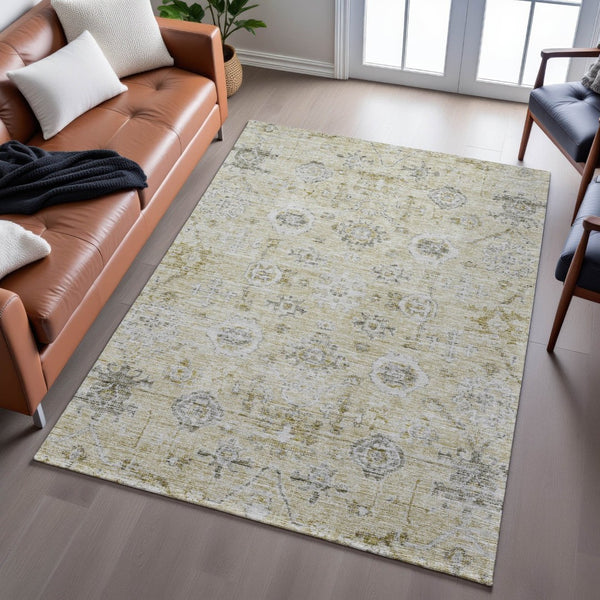 HomeRoots 8' x 10' Damask Area Rug in Beige, Gray & Brown – Washable, UV-Protected, Durable for Busy Homes 684574