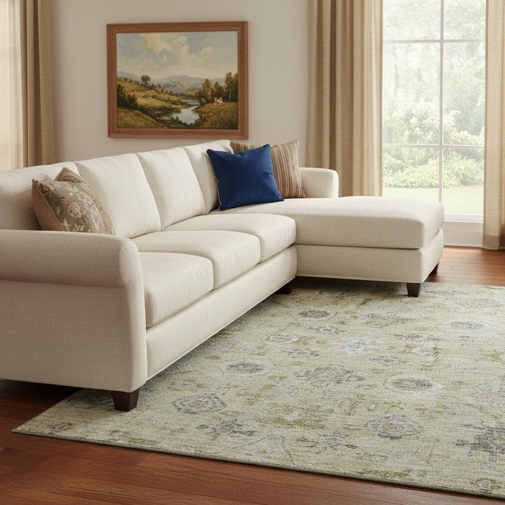 HomeRoots 10' X 14' Washable Damask Area Rug in Beige, Gray & Brown - UV Protected for Family-Friendly Spaces 684576