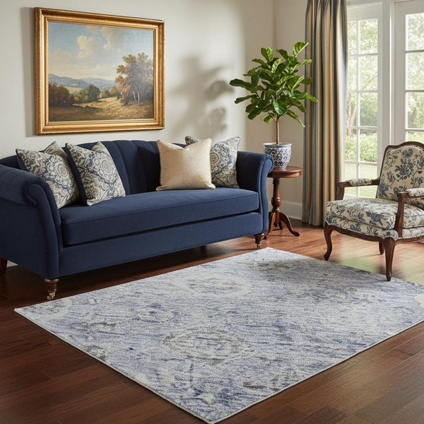 HomeRoots 5' X 8' Timeless Blue Gray Silver Damask Area Rug - Washable, UV Protected, Ideal for Homes with Kids 684578
