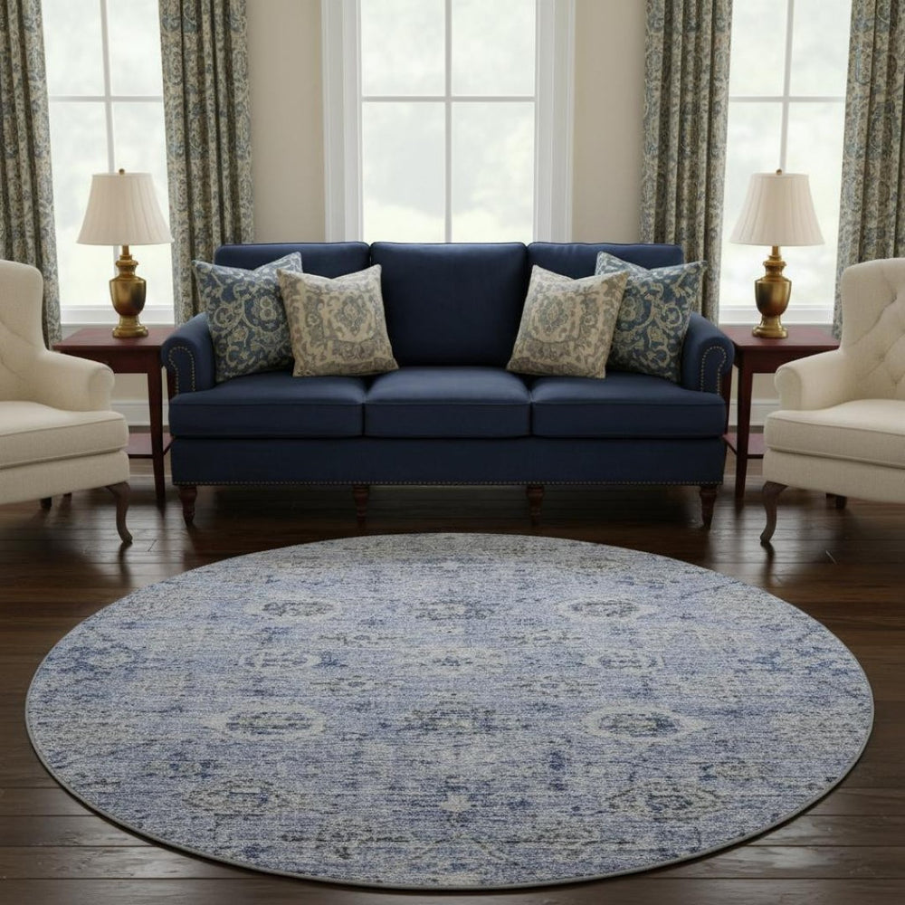 HomeRoots 8' Stylish Blue Gray & Silver Damask Washable Round Rug with UV Protection for Indoor & Outdoor Use 684579