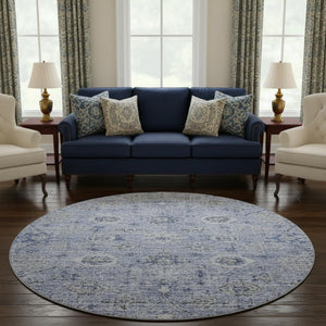 HomeRoots 8' Stylish Blue Gray & Silver Damask Washable Round Rug with UV Protection for Indoor & Outdoor Use 684579