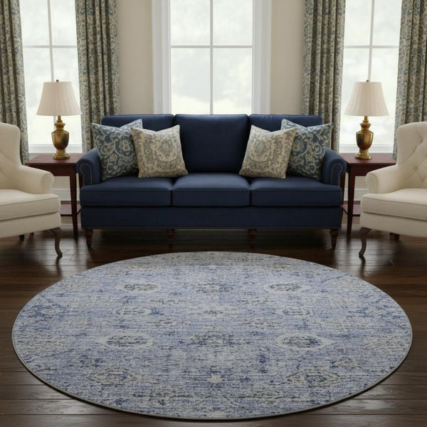 HomeRoots 8' Stylish Blue Gray & Silver Damask Washable Round Rug with UV Protection for Indoor & Outdoor Use 684579