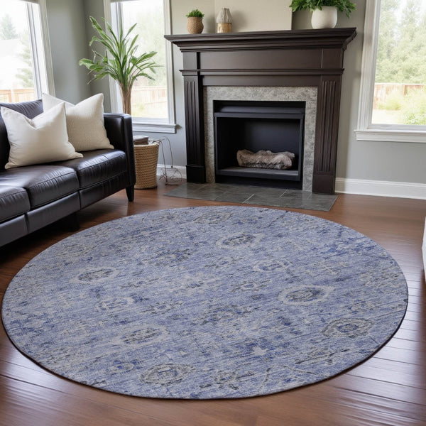 HomeRoots 8' Stylish Blue Gray & Silver Damask Washable Round Rug with UV Protection for Indoor & Outdoor Use 684579