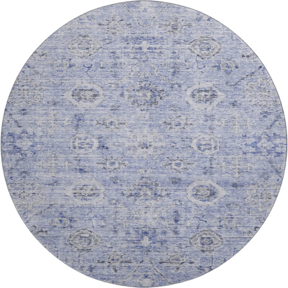 HomeRoots 8' Stylish Blue Gray & Silver Damask Washable Round Rug with UV Protection for Indoor & Outdoor Use 684579